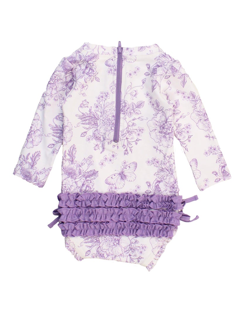 RuffleButts Baby Girls UPF 50+ Sun Protection Floral Printed Long Sleeve One Piece Rash Guard Swimsuit with Zipper - Wisteria Purple Butterfly Garden Toile, 2T - Image 4