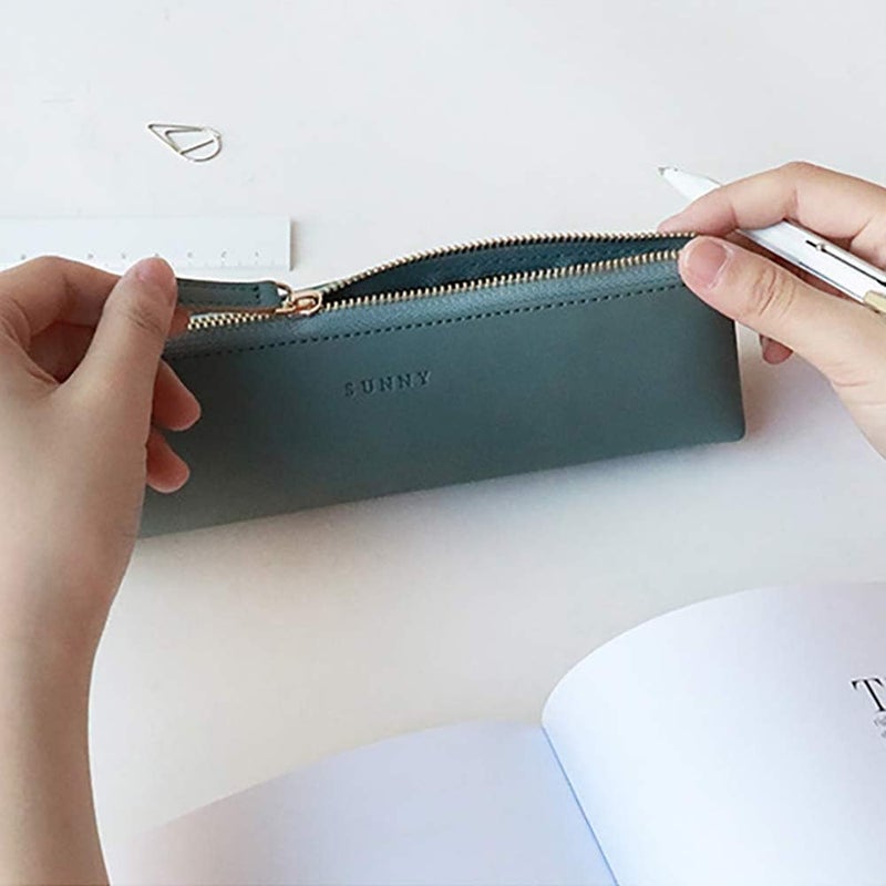 Doraking pen Case Cosmetic Makeup bag, stationery pouch PU Leather Small Pencil Pouch Students Zipper Bag for Pens, Pencils, Markers (Dark Green) - Image 2