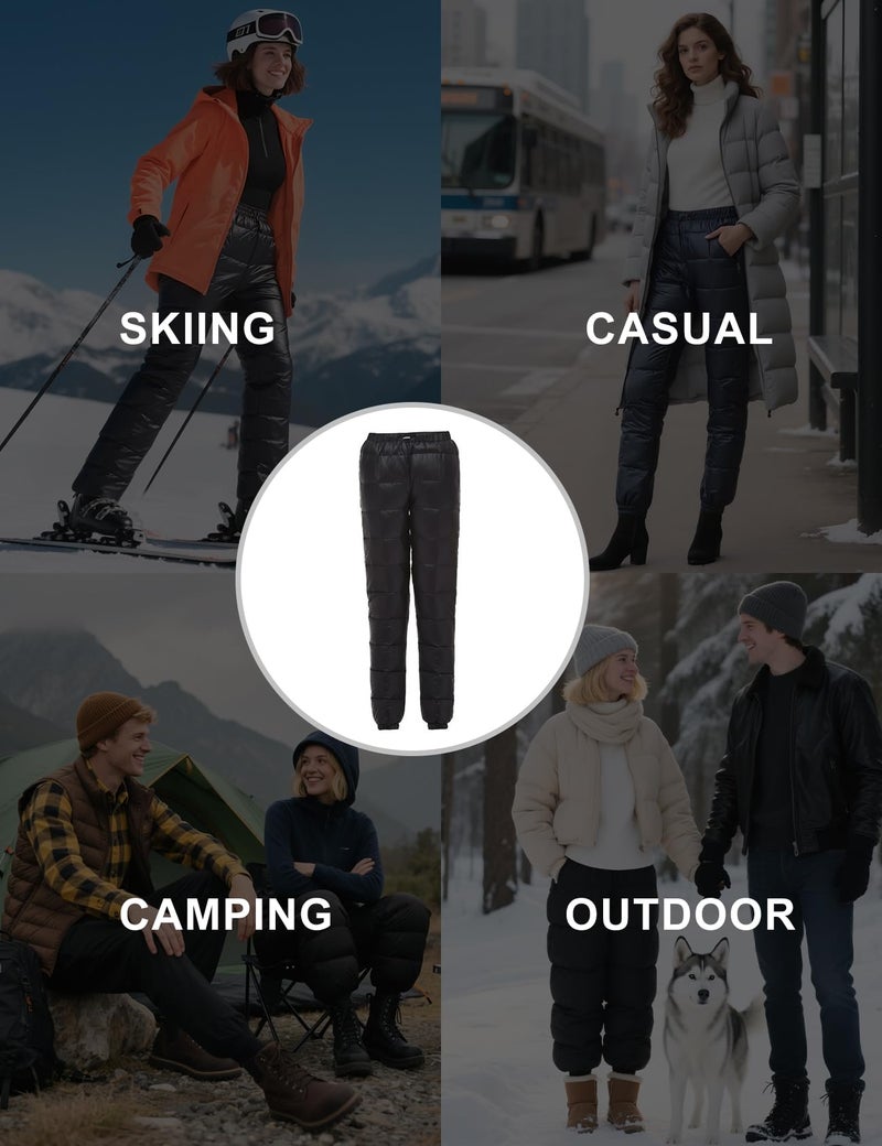 Flygo Womens Snow Pants Packable Winter Waterproof Windproof Outdoor Ultralight Warm Down Ski Pants Trousers(Black-Large) - Image 4