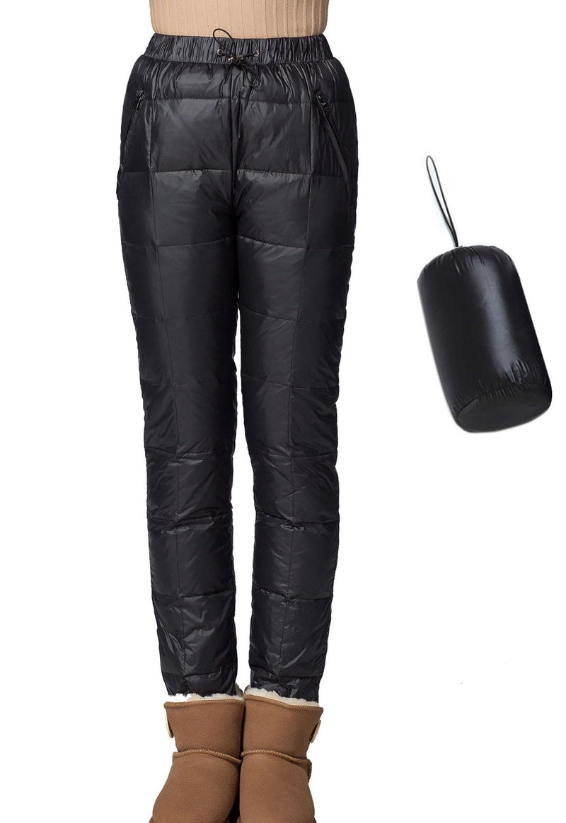 Flygo Womens Snow Pants Packable Winter Waterproof Windproof Outdoor Ultralight Warm Down Ski Pants Trousers(Black-Large) - Image 1