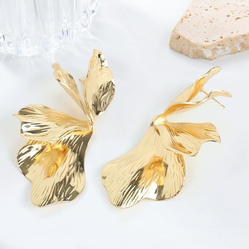 HANNEA® Earrings for Women Chunky Gold Plated Sectored Flower Leaf - Image 5