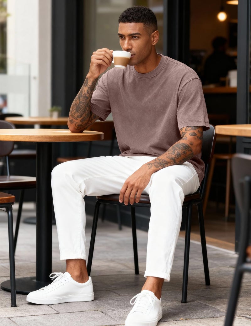 Eisctnd 4 Pack Men's Oversized T-Shirts Heavy Cotton Vintage Tee, Loose Fit Baggy Short Sleeve Casual Streetwear Unisex Tops(4-Black+Beige+Grey+Coffee-L) - Image 5