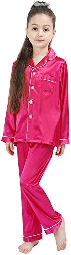 OEIU Kid Silky Satin Pajamas Set for Girls Boys pj Set Sleepwear Button-up Lounge Sets Nightwear Rose 170 - Image 5