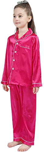 OEIU Kid Silky Satin Pajamas Set for Girls Boys pj Set Sleepwear Button-up Lounge Sets Nightwear Rose 170 - Image 2
