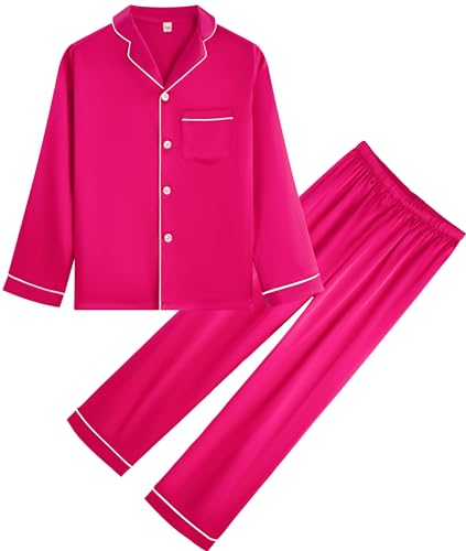 OEIU Kid Silky Satin Pajamas Set for Girls Boys pj Set Sleepwear Button-up Lounge Sets Nightwear Rose 170 - Image 1