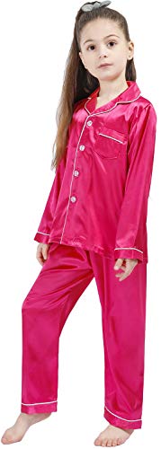 OEIU Kid Silky Satin Pajamas Set for Girls Boys pj Set Sleepwear Button-up Lounge Sets Nightwear Rose 170 - Image 4