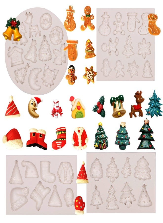 Muyulin Mini Christmas Cake Decoration Chocolate Mold, 4 Packs Fondant Christmas Silicone Molds, Bell, Reindeer, Winterleaf, Sock Shape Silicone Fondant Molds for Christmas Cake Decor, Cupcake Toppers - Image 1
