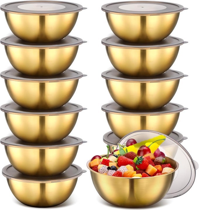 12 PACK 827 INCHES GOLD MIXING BOWLS WITH AIRTIGHT LIDS GOLD SERVING BOWL METAL SALAD FRUIT BOWLS STAINLESS STEEL SOUP BOWLS KITCHEN ACCESSORIES FOR LUNCH SNACK