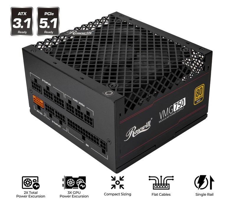 Rosewill VMG 750W 80+ Gold, ATX 3.0 & 3.1 Compatible, Full Modular Low-Noise Power Supply, PCIe 5.1 12V-2x6 Connector, 100% Japanese Electrolytic Capacitor, 120mm FDB Silent Fan - 5 Year Warranty - Image 2