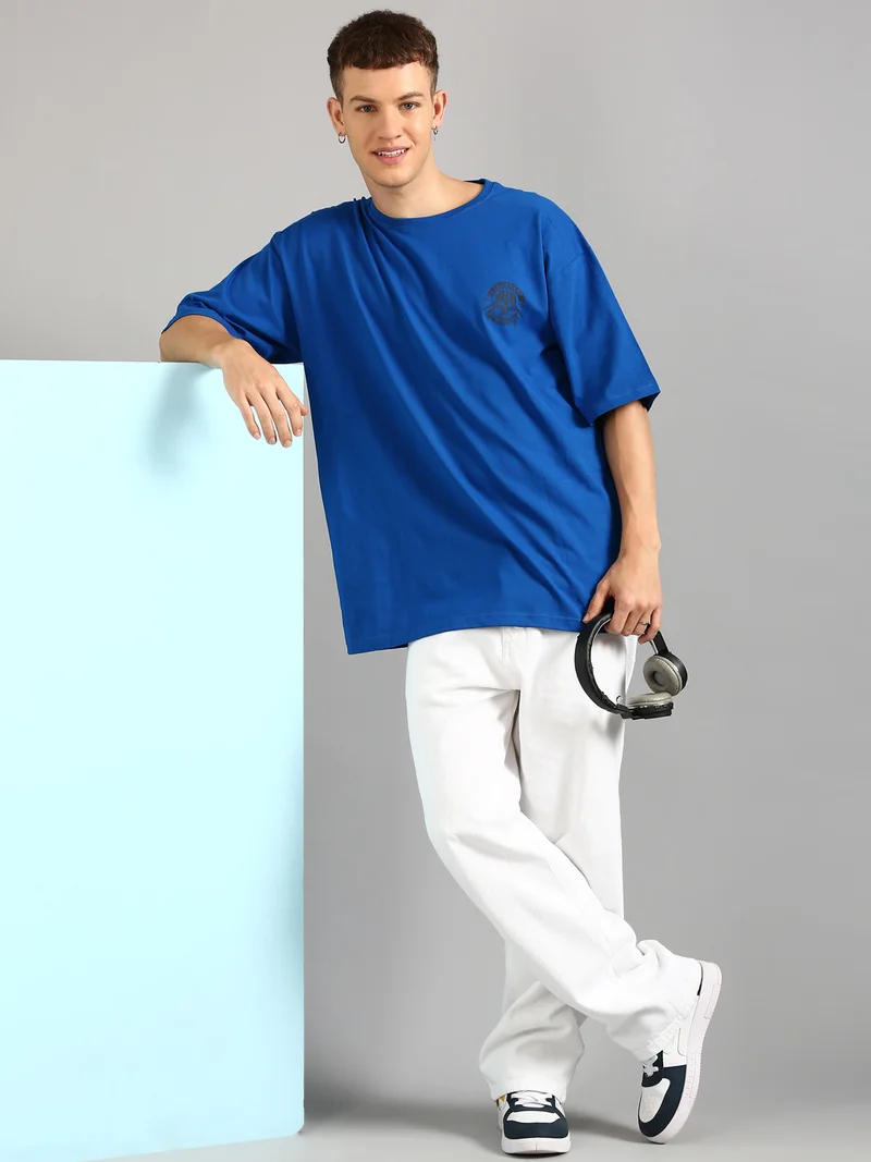 Joven Men Royal Blue Printed Cut & Sew Pure Cotton Oversized T-Shirt