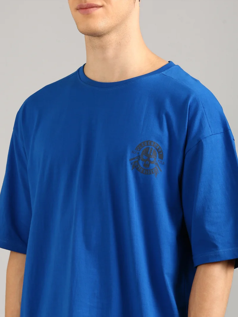 Joven Men Royal Blue Printed Cut & Sew Pure Cotton Oversized T-Shirt