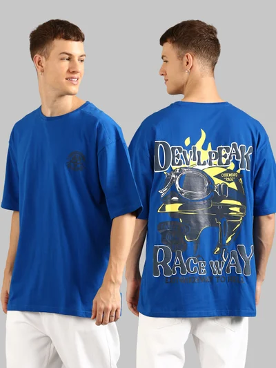 جوفن Men Royal Blue Printed Cut & Sew Pure Cotton Oversized T-Shirt