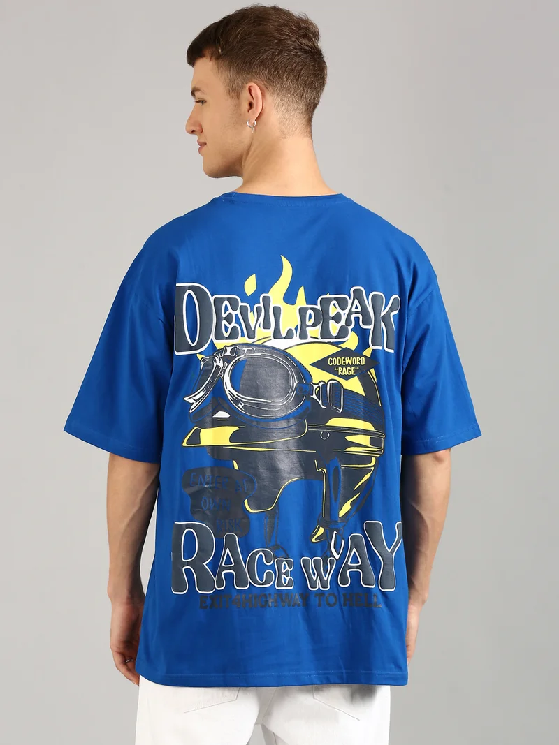 Joven Men Royal Blue Printed Cut & Sew Pure Cotton Oversized T-Shirt