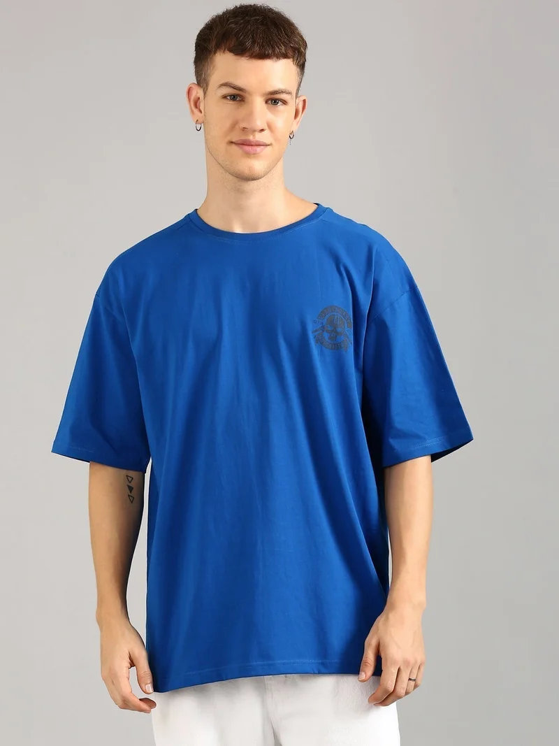 Joven Men Royal Blue Printed Cut & Sew Pure Cotton Oversized T-Shirt