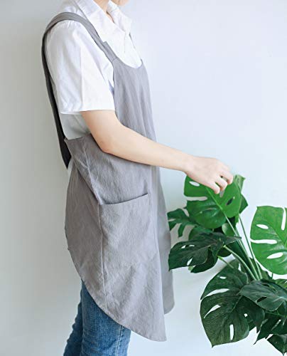 NEWGEM Japanese Linen Cross Back Kitchen Cooking Aprons for Women with Pockets Cute for Baking Painting Gardening Cleaning Gray - Image 4