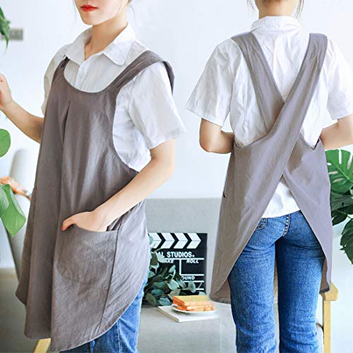 NEWGEM Japanese Linen Cross Back Kitchen Cooking Aprons for Women with Pockets Cute for Baking Painting Gardening Cleaning Gray - Image 3