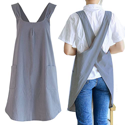 NEWGEM Japanese Linen Cross Back Kitchen Cooking Aprons for Women with Pockets Cute for Baking Painting Gardening Cleaning Gray - Image 1