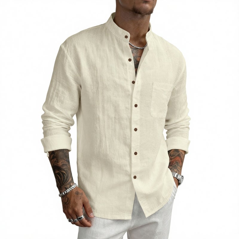 Mens Hawaiian Style Linen Henley Neck Long Sleeve Casual Shirt - Image 3