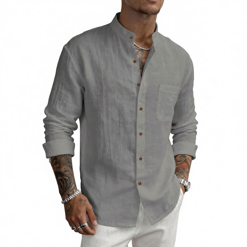 Mens Hawaiian Style Linen Henley Neck Long Sleeve Casual Shirt - Image 5