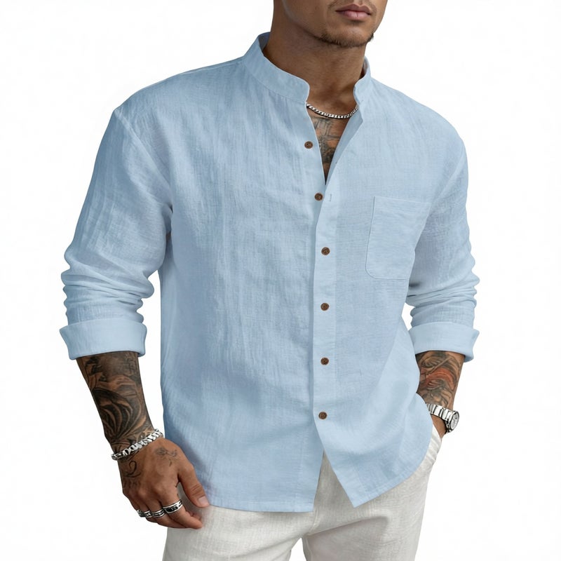 Mens Hawaiian Style Linen Henley Neck Long Sleeve Casual Shirt - Image 4