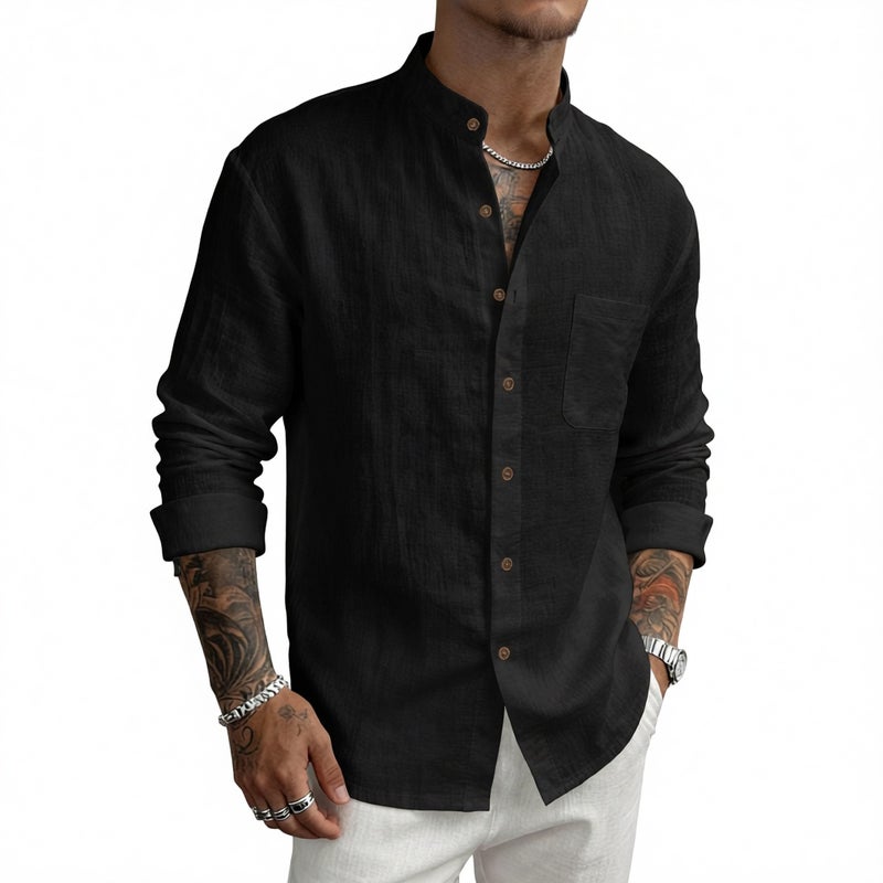 Mens Hawaiian Style Linen Henley Neck Long Sleeve Casual Shirt - Image 2