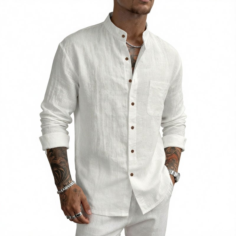 Mens Hawaiian Style Linen Henley Neck Long Sleeve Casual Shirt - Image 1
