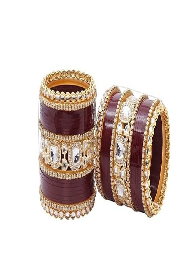 BANGLESKART طقم أساور تشودا البنجابية التقليدية للعرائس من بانغلسكارت (ماروني، 2.2) - Image 1