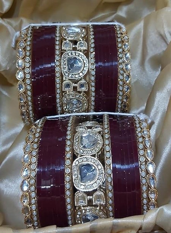 BANGLESKART طقم أساور تشودا البنجابية التقليدية للعرائس من بانغلسكارت (ماروني، 2.2) - Image 4