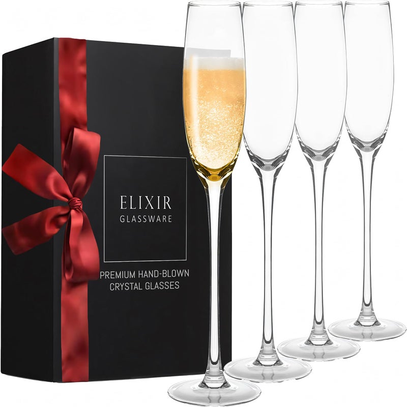 Elixir Glassware Champagne Flutes  5 oz  Set of 4 Crystal Glass Flutes Hand Blown Edge Champagne Glasses  Premium Crystal Champagne Glasses  Prosecco Wine Flute Cocktail Glasses Bar Glassware