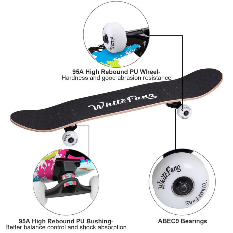 WhiteFang Skateboards for Beginners, Complete Skateboard 31 x 7.88, 7 Layer Canadian Maple Double Kick Concave Standard and Tricks Skateboards for Kids and Beginners (Pink Fantasy) - Image 5