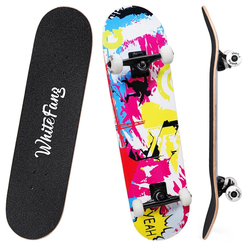 WhiteFang Skateboards for Beginners, Complete Skateboard 31 x 7.88, 7 Layer Canadian Maple Double Kick Concave Standard and Tricks Skateboards for Kids and Beginners (Pink Fantasy) - Image 1