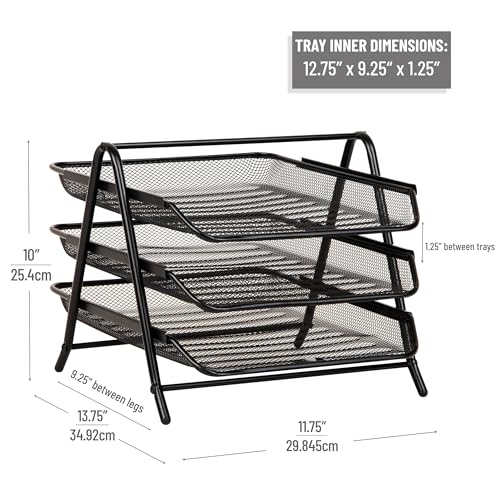 Mind Reader 3-Tier Paper Tray, Desktop Organizer, File Storage, Workspace, Office, Metal Mesh, 11.75"L x 13.75"W x 10"H, Black - Image 3
