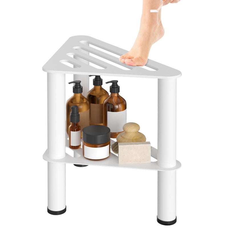 WINSTECK Upgraded RustProof Metal Corner Shower Foot Stool for Shaving Legs Shower Foot Rest Bench for Inside Shower with Storage Shelf Small Step Stools NonSlip Bath Stool White - Image 2