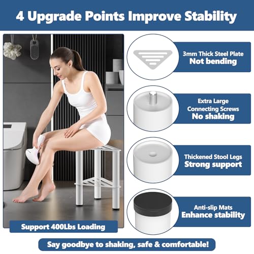 WINSTECK Upgraded RustProof Metal Corner Shower Foot Stool for Shaving Legs Shower Foot Rest Bench for Inside Shower with Storage Shelf Small Step Stools NonSlip Bath Stool White - Image 3