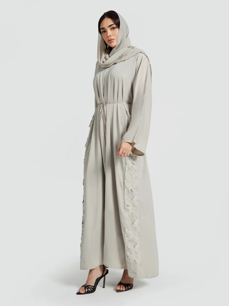 عباءات ريم Light Beige Cut-Work Floral Abaya - Contemporary Modest Outerwear