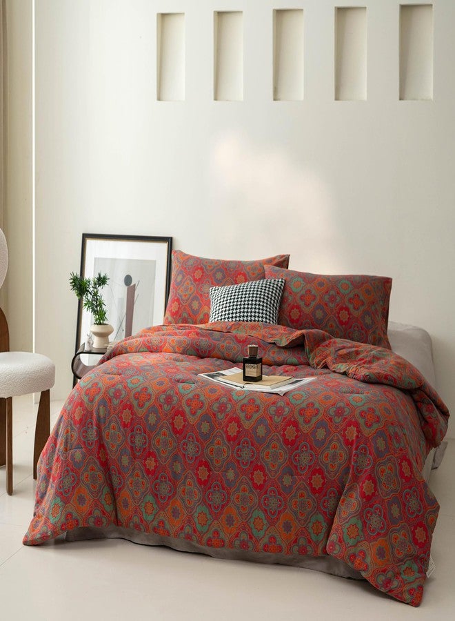 Purefair 100% Cotton Muslin Jacquard Comforter Set, Rustic Farmhouse Floral Print, Soft Lightweight Reversible 3 Piece Bedding Sets for All Season, Red, Full/Queen(90"x90") - Image 3