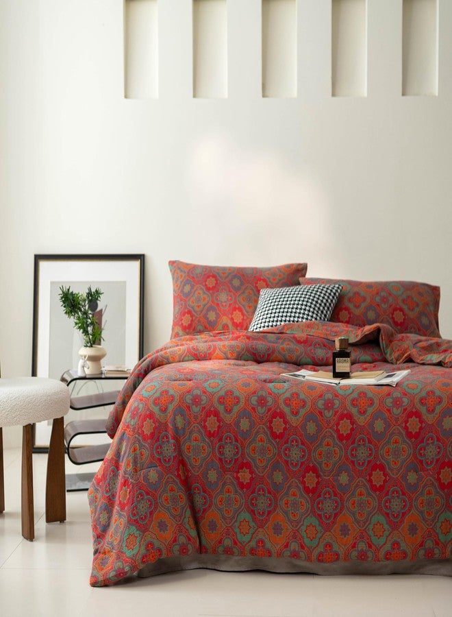 Purefair 100% Cotton Muslin Jacquard Comforter Set, Rustic Farmhouse Floral Print, Soft Lightweight Reversible 3 Piece Bedding Sets for All Season, Red, Full/Queen(90"x90") - Image 2