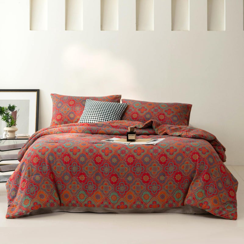 Purefair 100% Cotton Muslin Jacquard Comforter Set, Rustic Farmhouse Floral Print, Soft Lightweight Reversible 3 Piece Bedding Sets for All Season, Red, Full/Queen(90"x90") - Image 1