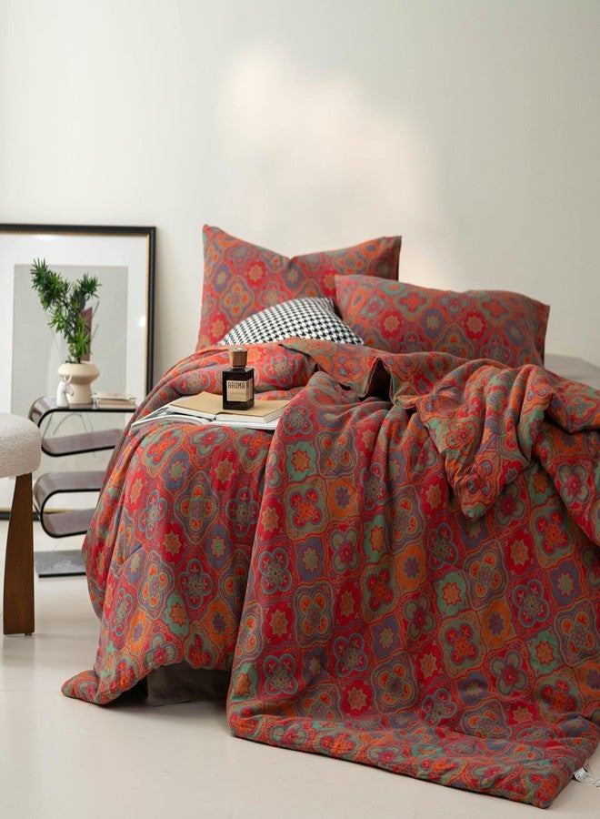 Purefair 100% Cotton Muslin Jacquard Comforter Set, Rustic Farmhouse Floral Print, Soft Lightweight Reversible 3 Piece Bedding Sets for All Season, Red, Full/Queen(90"x90") - Image 5