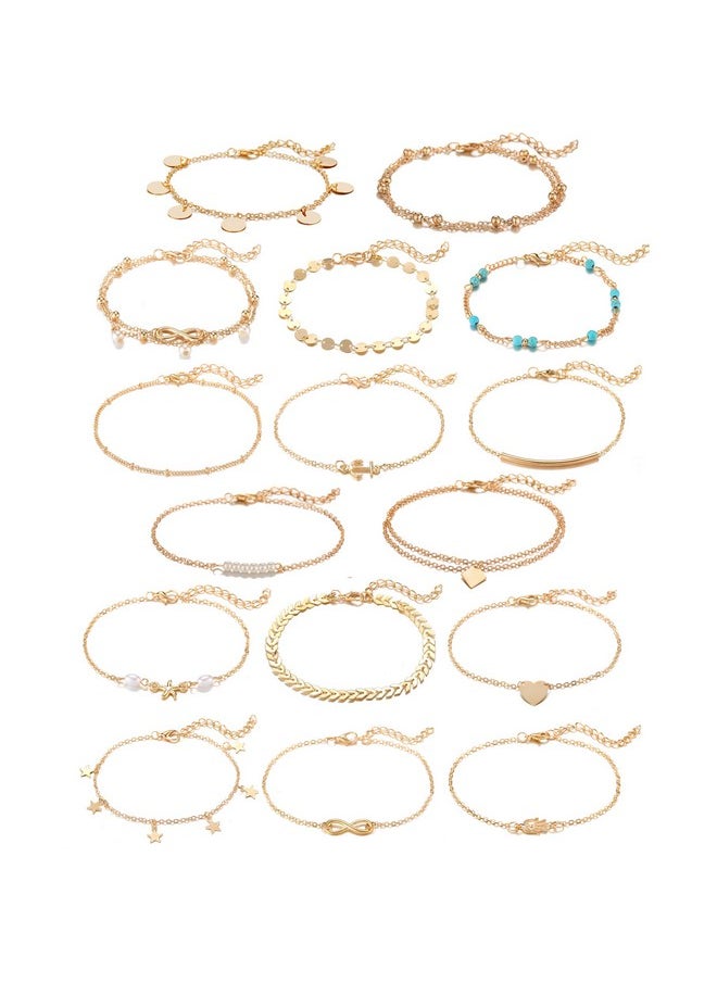 Softones - 16Pcs Ankle Bracelets For Women Gold Silver Two Style Chain Beach Anklet Bracelet Jewelry Anklet Set,Adjustable Size - Image 1