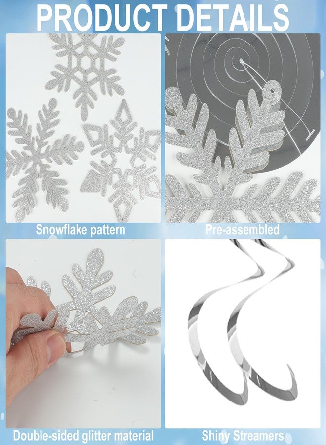 Maniaacer 32 PCS Pre-Strung Winter Snowflake Hanging Swirl Decorations White Silver Glitter Snowflakes Hanging Swirls Christmas Snowflake Ceiling Streamers for Winter Wonderland Home Party Supplies - Image 4