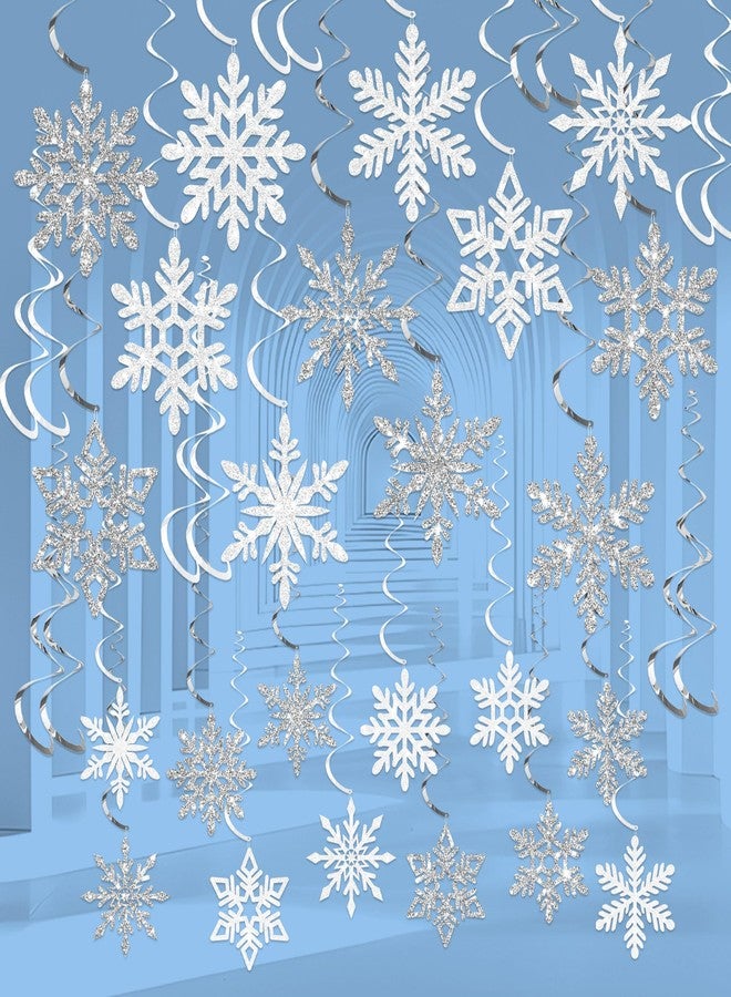 Maniaacer 32 PCS Pre-Strung Winter Snowflake Hanging Swirl Decorations White Silver Glitter Snowflakes Hanging Swirls Christmas Snowflake Ceiling Streamers for Winter Wonderland Home Party Supplies - Image 1