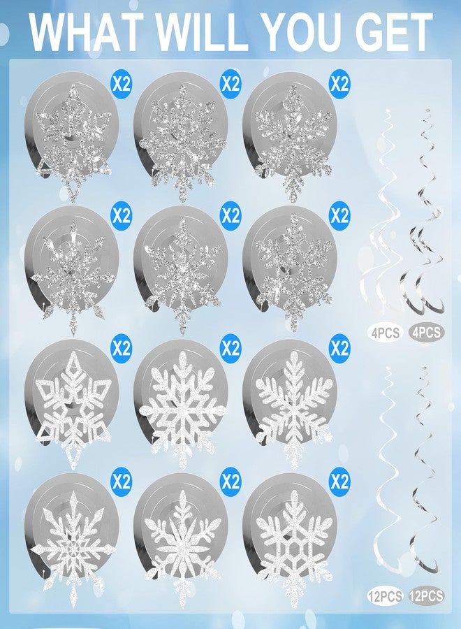 Maniaacer 32 PCS Pre-Strung Winter Snowflake Hanging Swirl Decorations White Silver Glitter Snowflakes Hanging Swirls Christmas Snowflake Ceiling Streamers for Winter Wonderland Home Party Supplies - Image 3