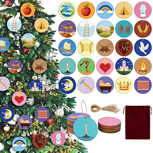 Blulu 25 Pcs Jesse Tree Ornaments Wood Jesse Christmas Advent Calendar Ornaments Wooden Christmas Tree Decorations for Xmas Family Advent Celebration Hanging Decorations No Hole - Image 1