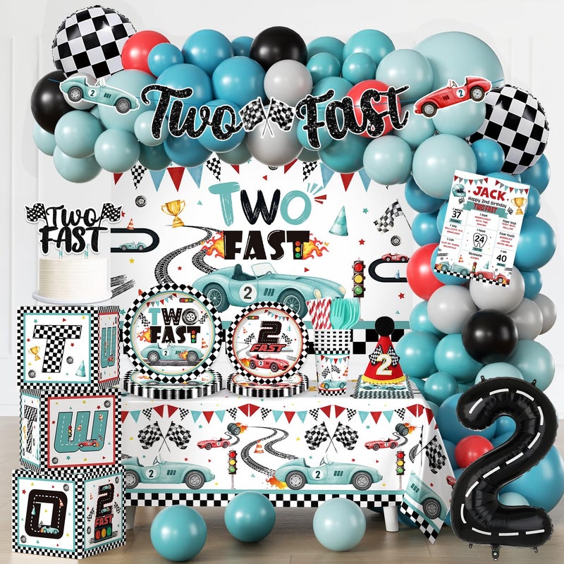 cocomigo Two Fast Birthday Decor Allin1 Supplies Pack Includes 20 Two Fast Tableware Backdrop Tablecloth Balloon Kit for 2 Year Old Birthday Decorations Boy - Image 2