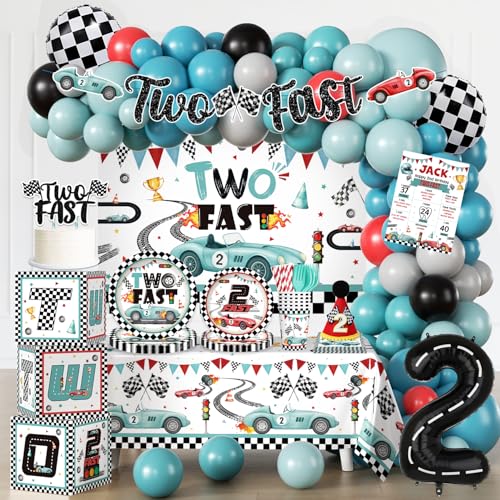 cocomigo Two Fast Birthday Decor Allin1 Supplies Pack Includes 20 Two Fast Tableware Backdrop Tablecloth Balloon Kit for 2 Year Old Birthday Decorations Boy - Image 1