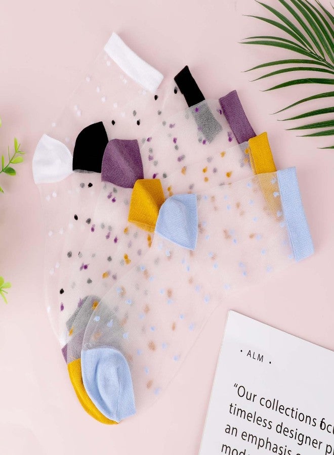 Hariendny 5 Pairs See-Through Socks Colorful Striped Dot Ultra-Thin Glass Socks Sheer Socks Mesh Casual Lace Socks Thin Fishnet Socks for Women - Image 5