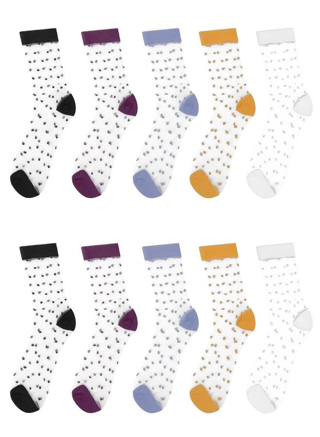 Hariendny 5 Pairs See-Through Socks Colorful Striped Dot Ultra-Thin Glass Socks Sheer Socks Mesh Casual Lace Socks Thin Fishnet Socks for Women - Image 2