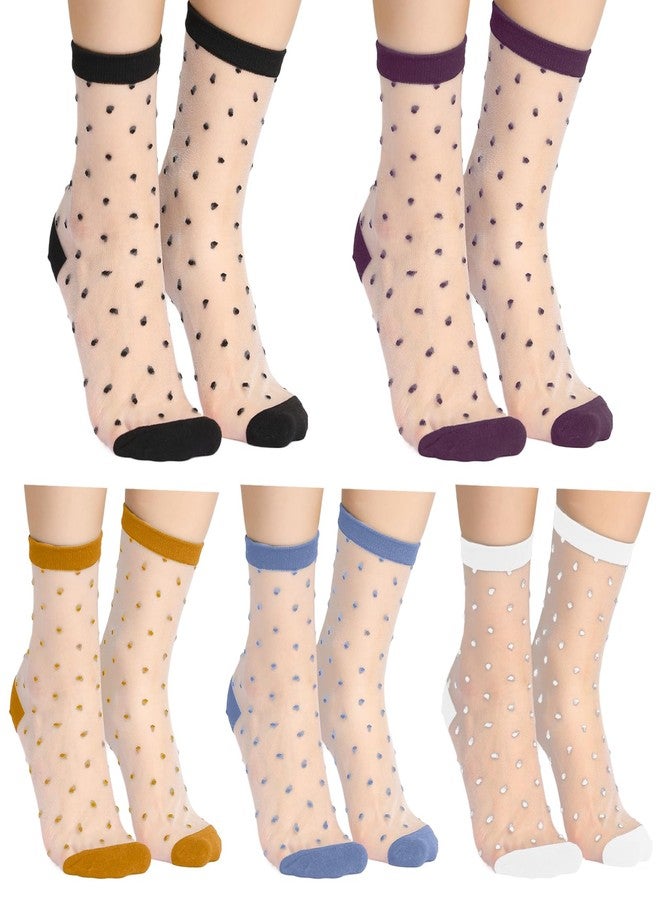 Hariendny 5 Pairs See-Through Socks Colorful Striped Dot Ultra-Thin Glass Socks Sheer Socks Mesh Casual Lace Socks Thin Fishnet Socks for Women - Image 1