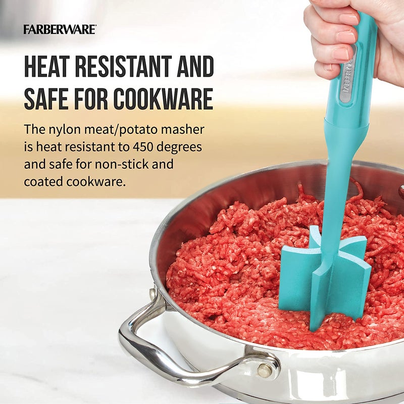 Farberware Heat Resistant Nylon Meat and Potato Masher, Safe for Non-Stick Cookware, Aqua Sky - Image 5